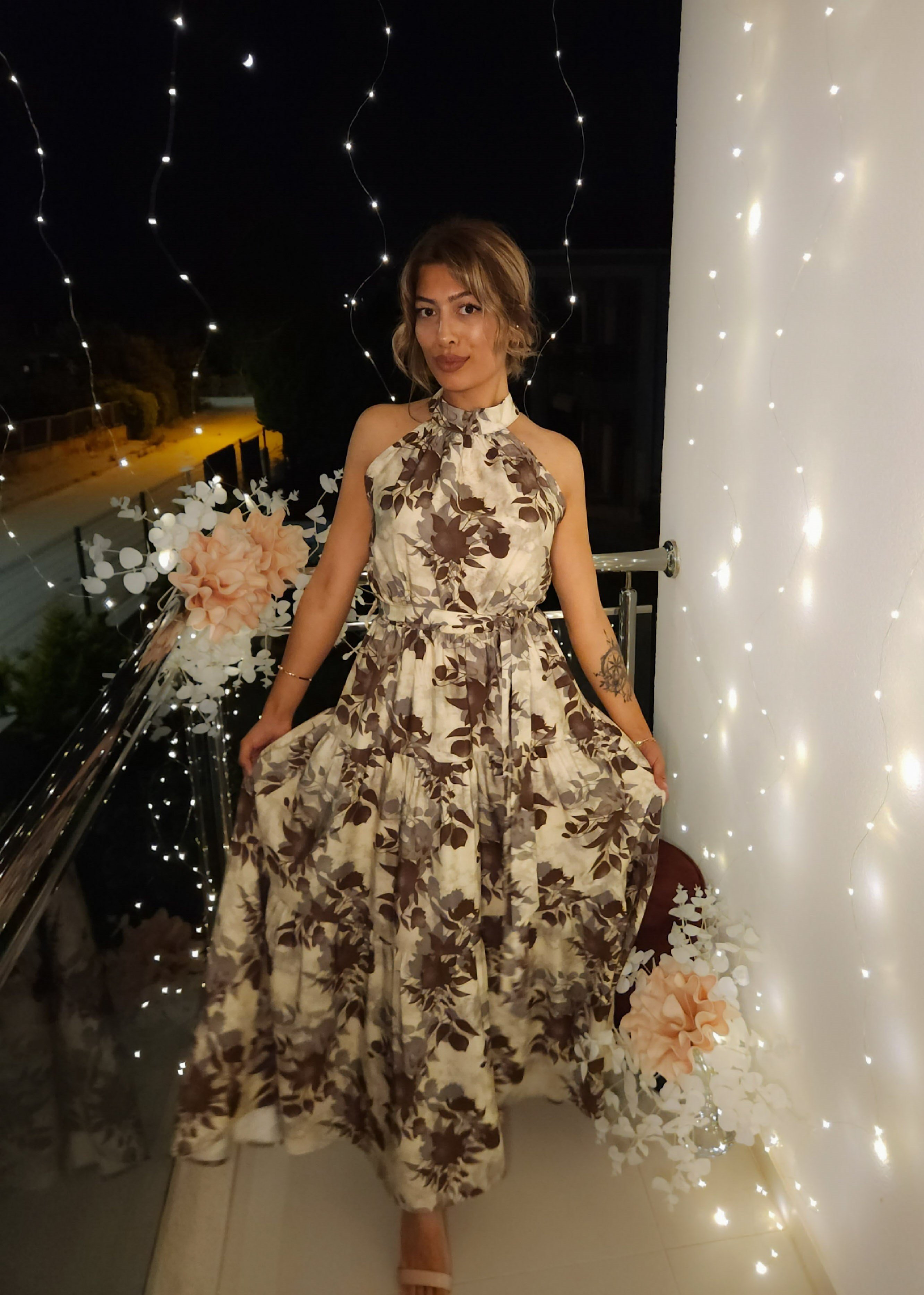 Halter Yaka Elbise - Desenli