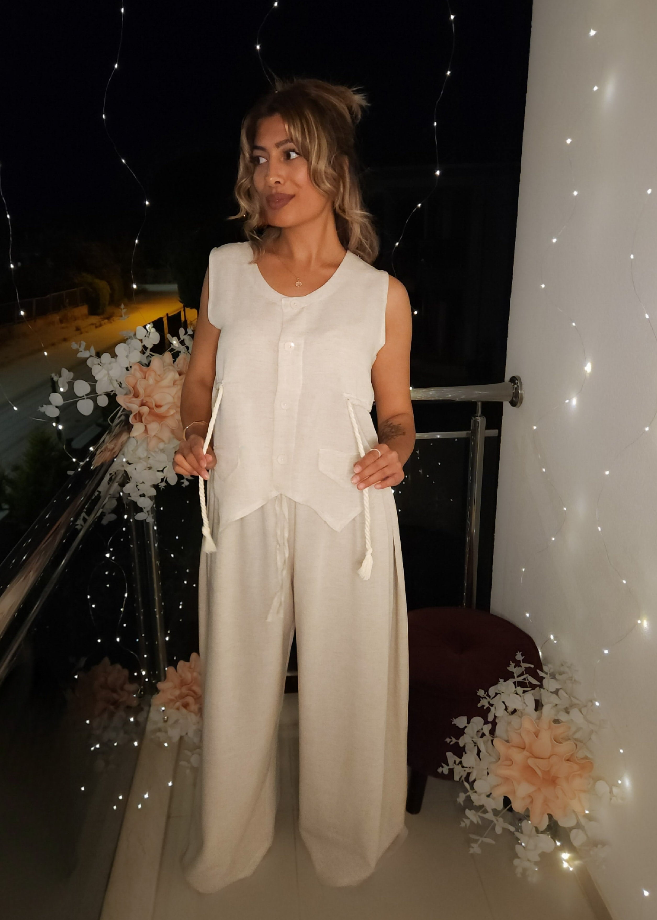 Keten Yelek Pantolon Takım - Bej