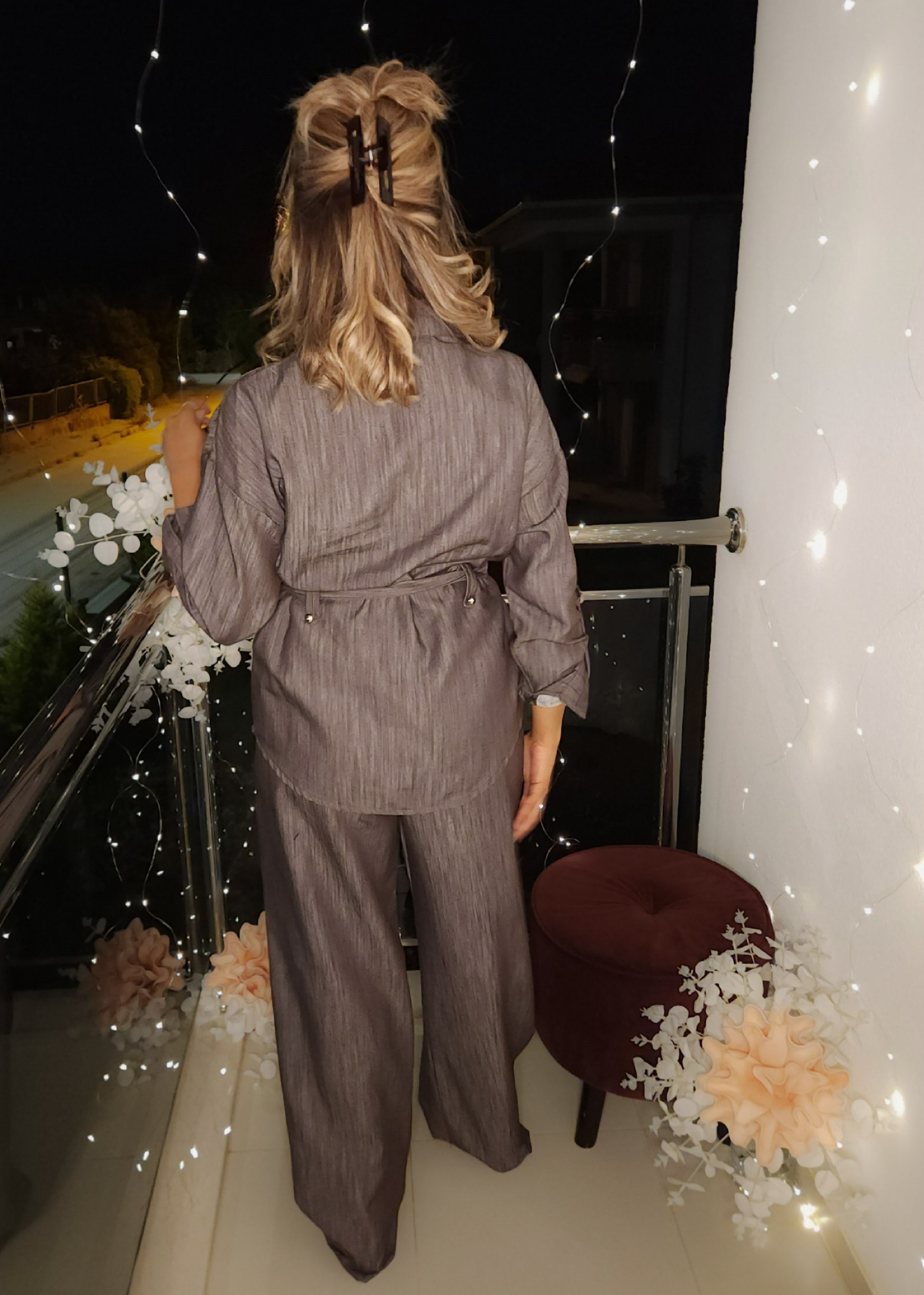 Premium Keten Kumaş Takım - Kahve rengi/Mavi