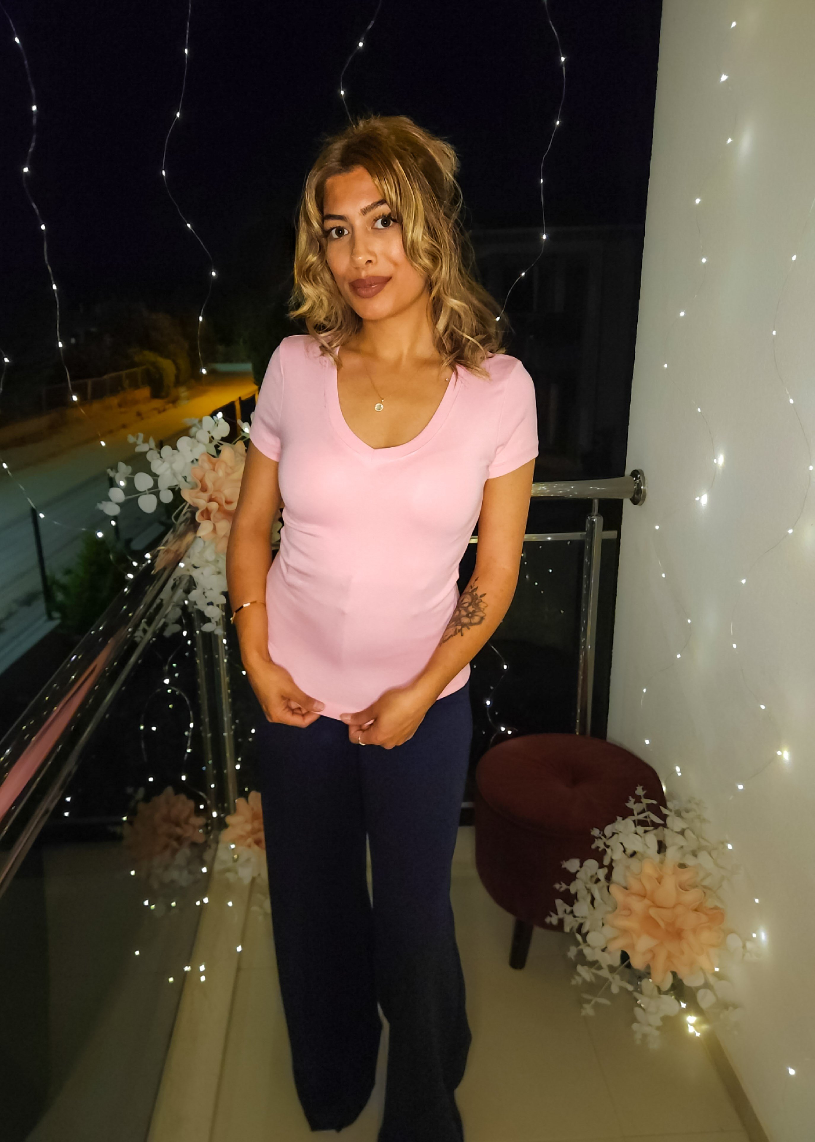 V Yaka Tişört - Pembe/Bebek Mavisi