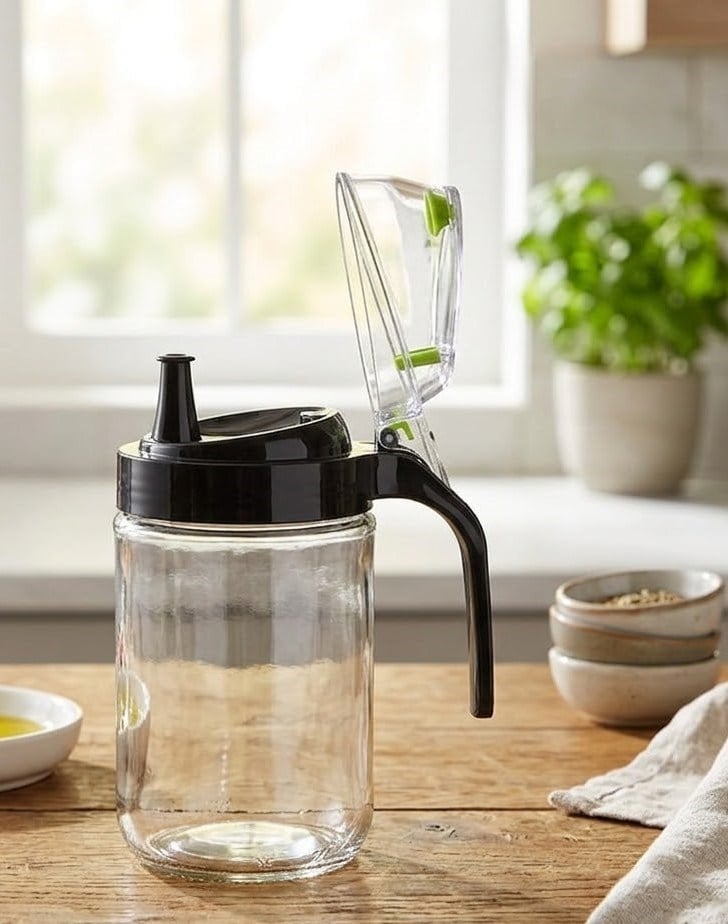 Leke Karşıtı Ergonomik Kulplu Cam Sosluk - Ölçülü Akıllı Yağlık & Sirkelik 660 ml
