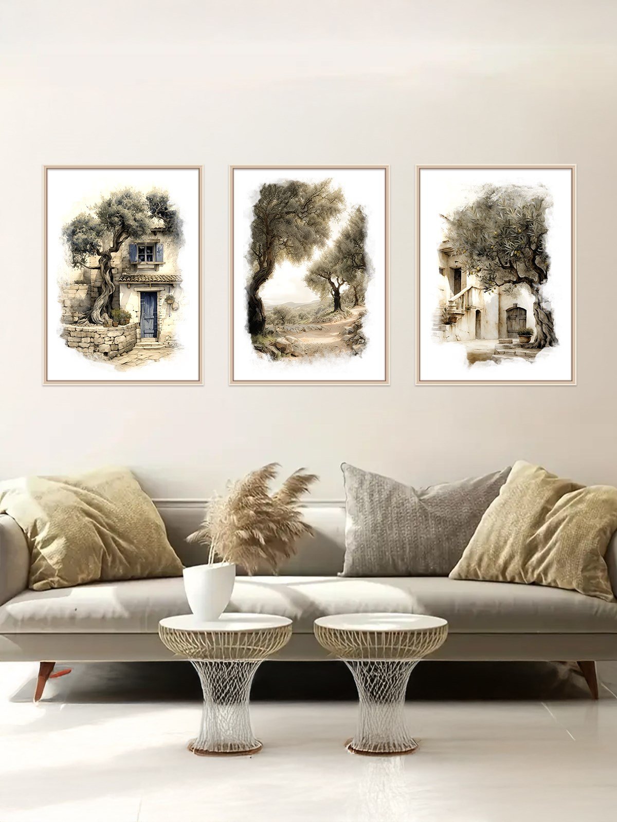 Ahşap Çerçeveli Rustik Zeytin Ağaçları 3'lü Set Tablo