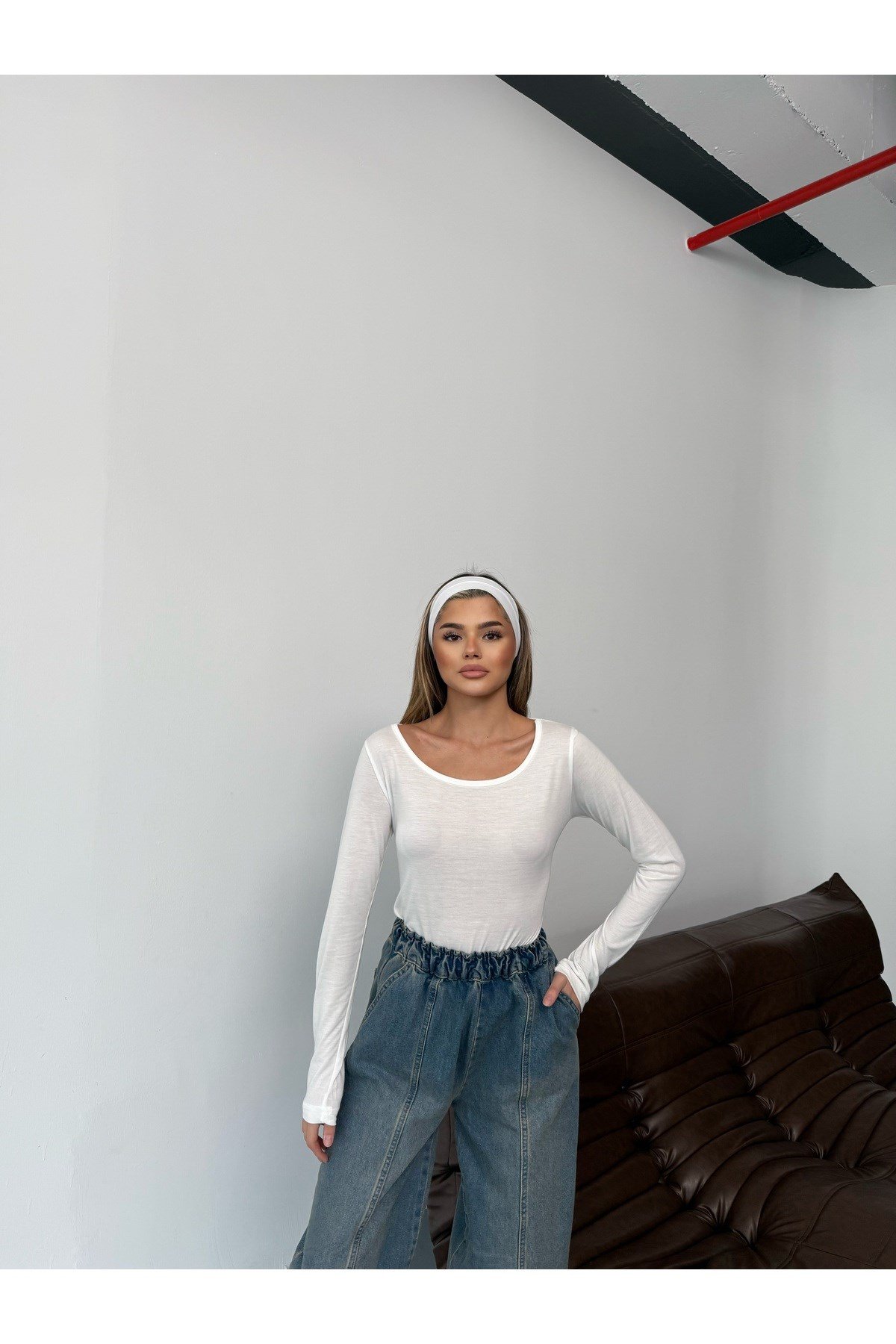 Beyaz Uzun Kollu Basic Body Crop
