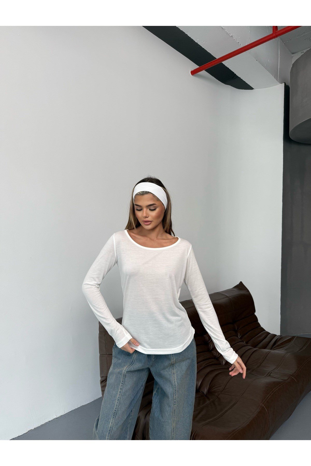 Beyaz Uzun Kollu Basic Body Crop
