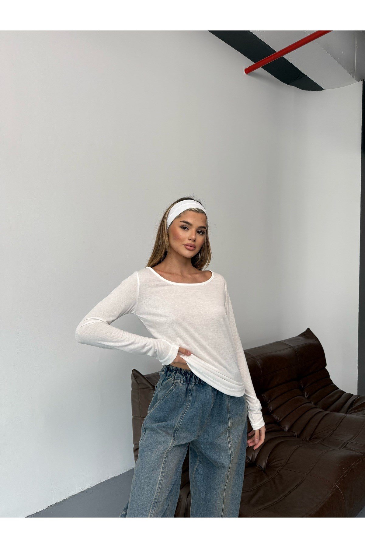 Beyaz Uzun Kollu Basic Body Crop