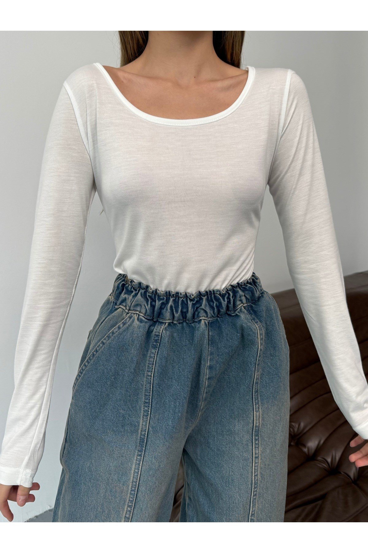 Beyaz Uzun Kollu Basic Body Crop