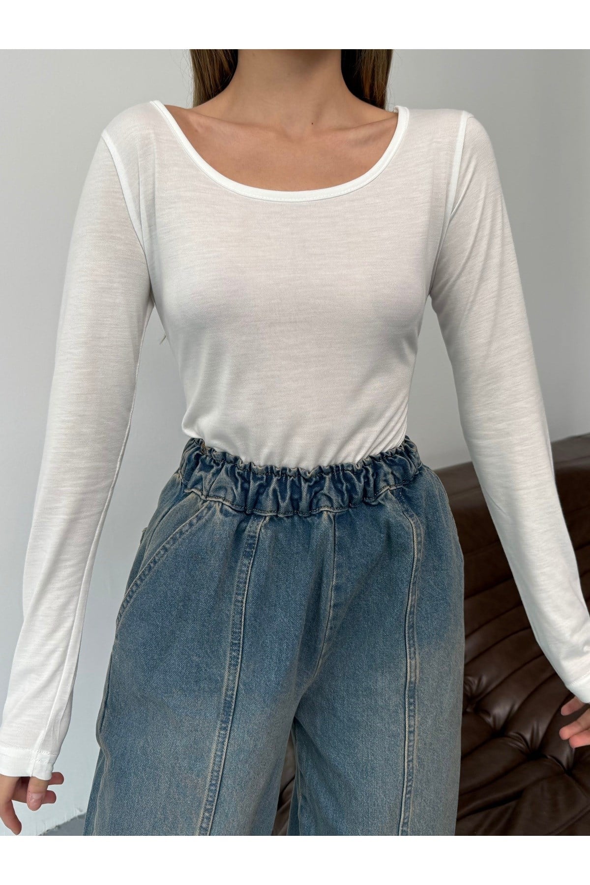 Beyaz Uzun Kollu Basic Body Crop