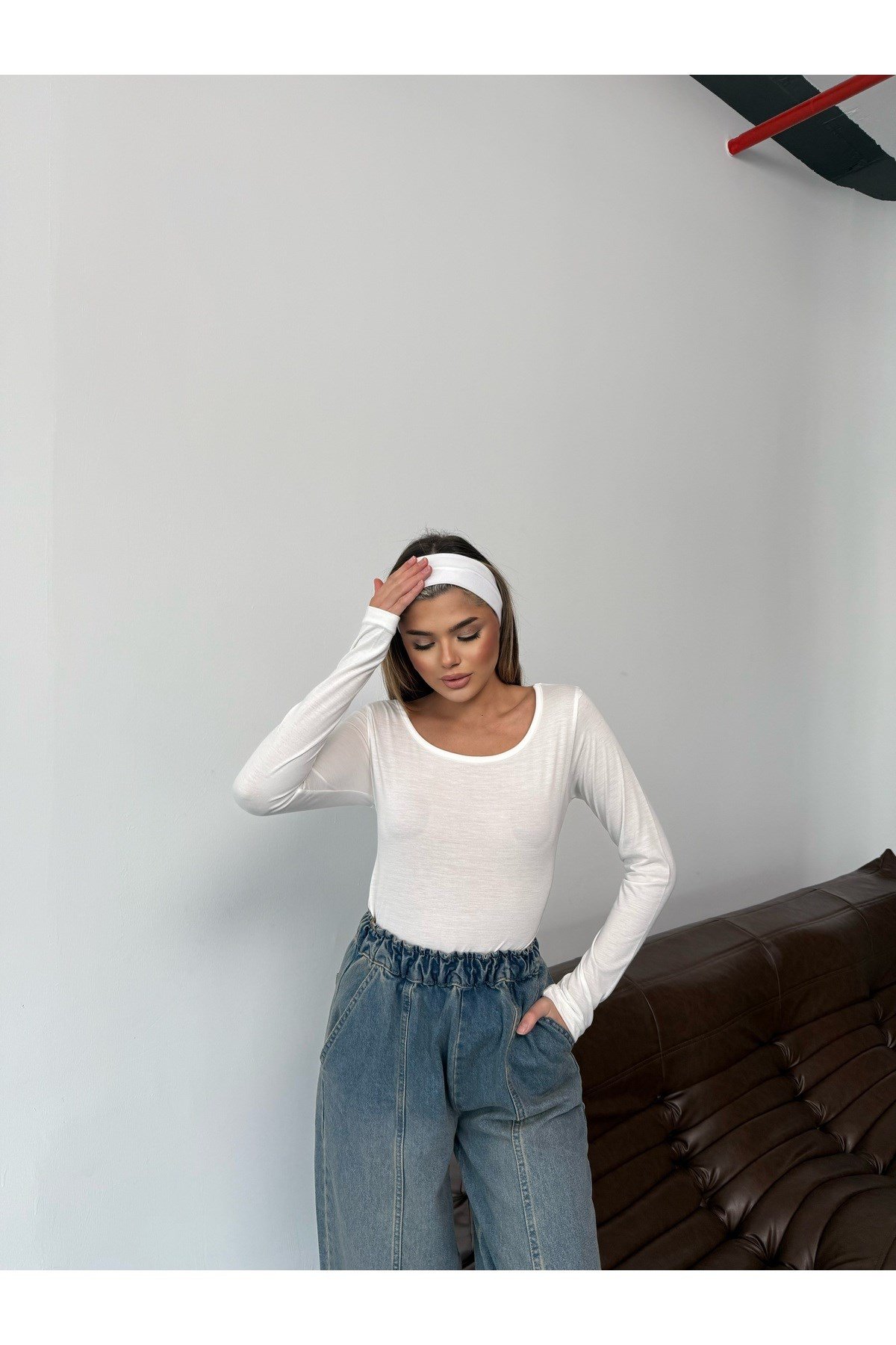 Beyaz Uzun Kollu Basic Body Crop