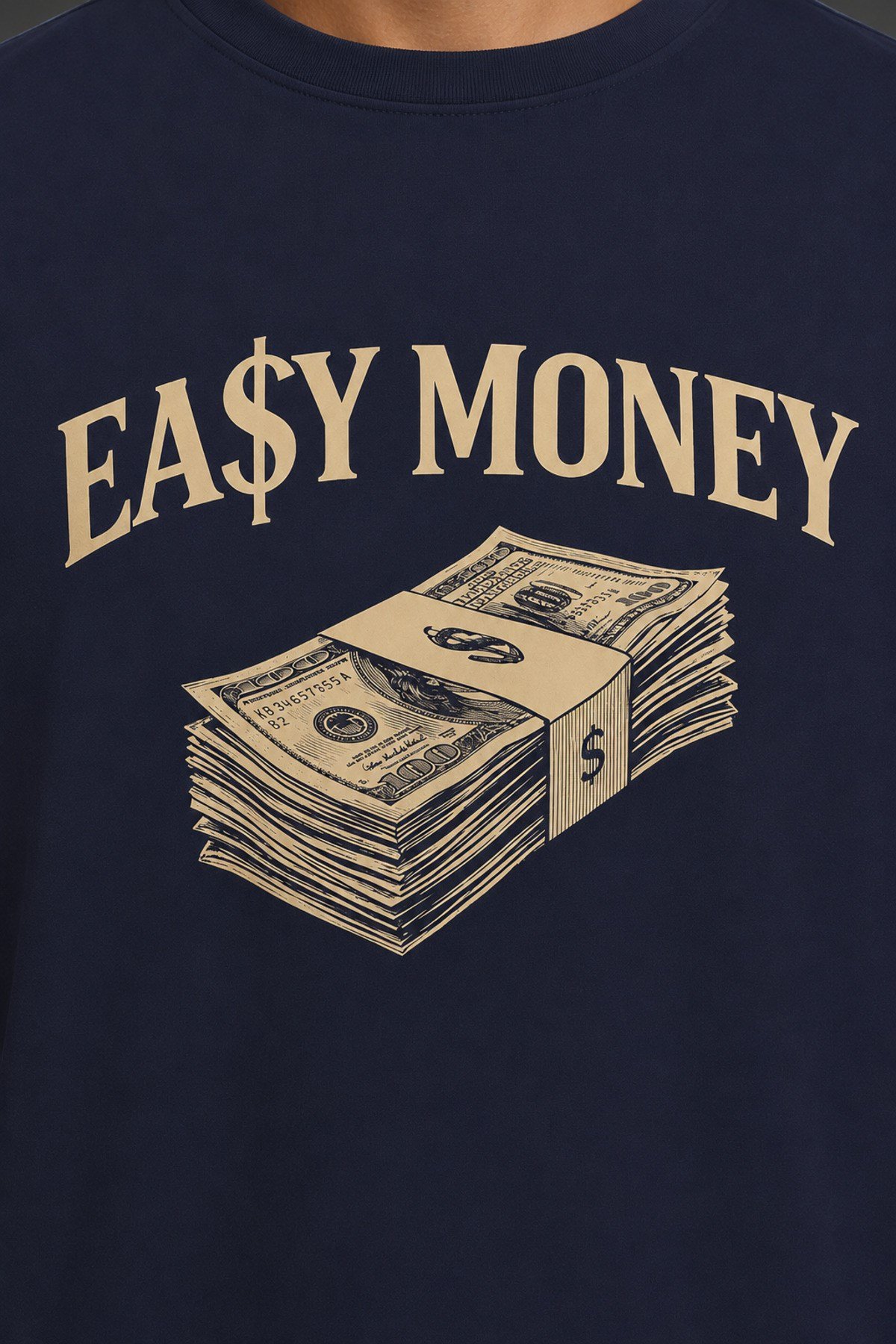 Easy Money Baskılı Unisex Lacivert Retro Tişört