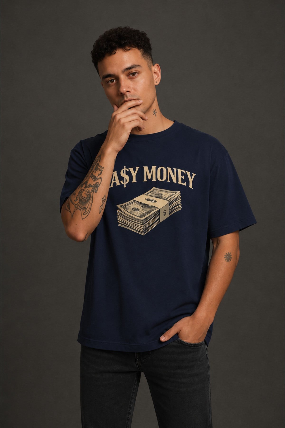 Easy Money Baskılı Unisex Lacivert Retro Tişört