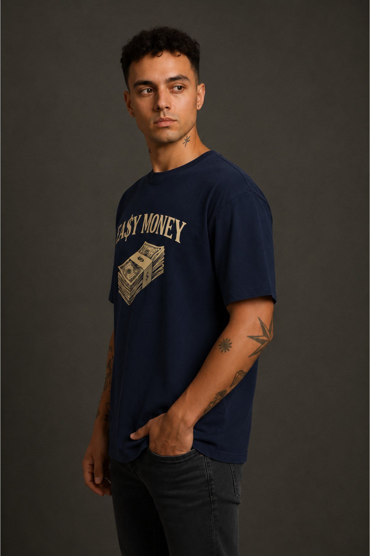 Easy Money Baskılı Unisex Lacivert Retro Tişört