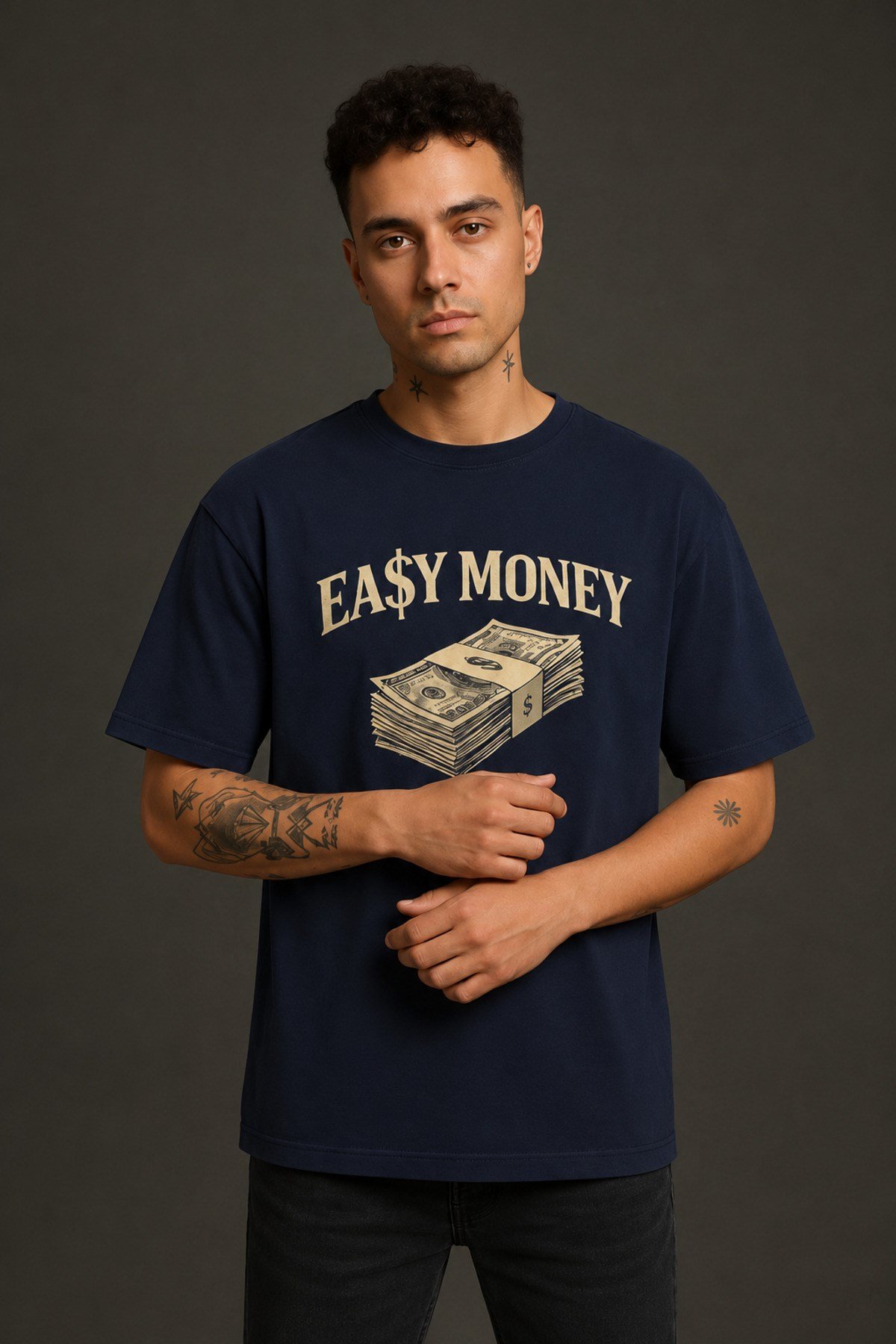 Easy Money Baskılı Unisex Lacivert Retro Tişört