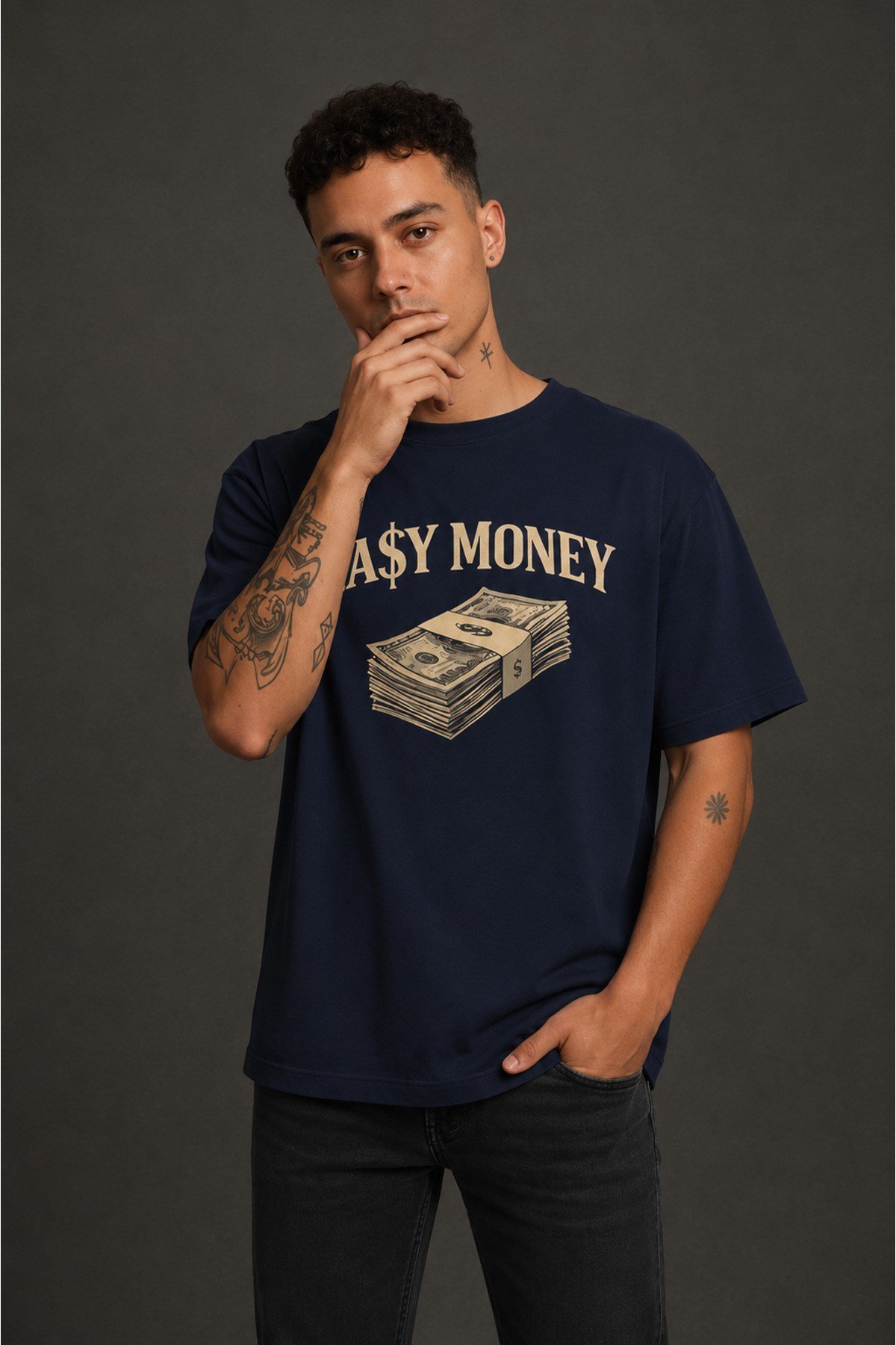 Easy Money Baskılı Unisex Lacivert Retro Tişört