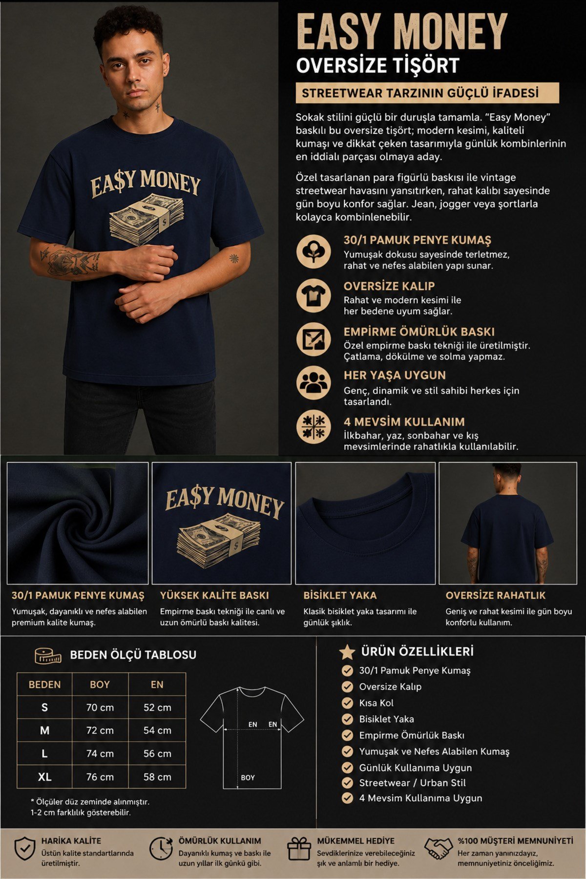 Easy Money Baskılı Unisex Lacivert Retro Tişört