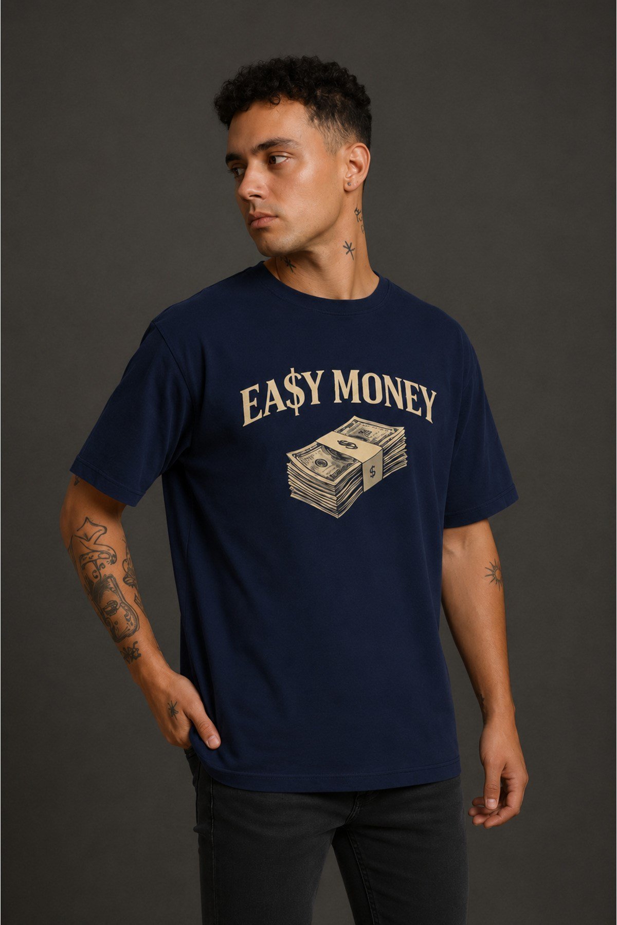 Easy Money Baskılı Unisex Lacivert Retro Tişört