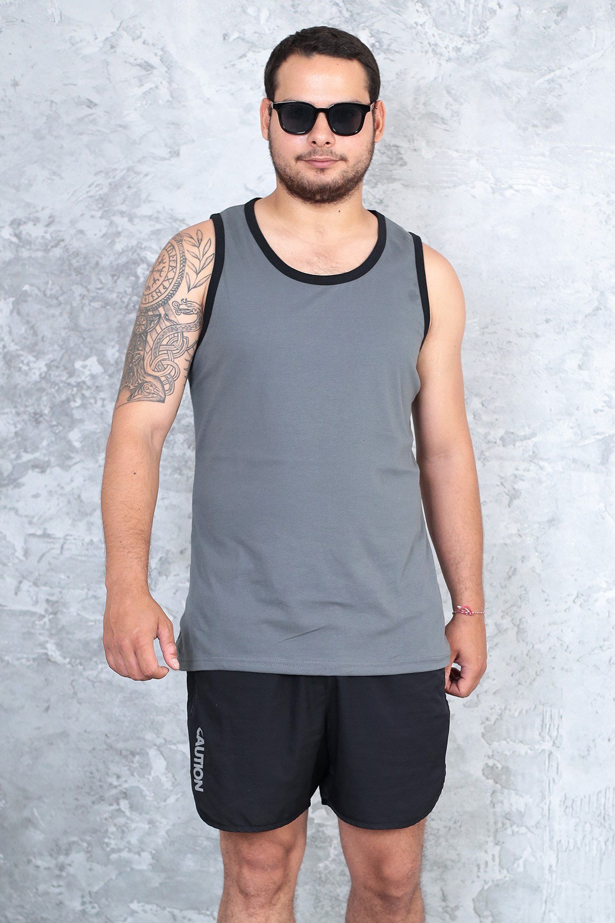 Erkek füme gri %100 slim fit pamuk penye halter yaka sporcu atlet