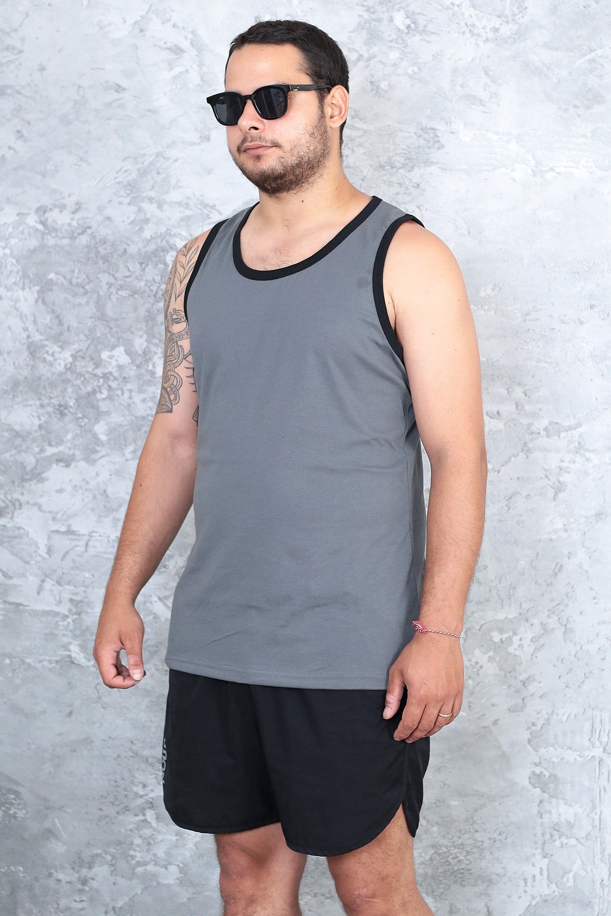 Erkek füme gri %100 slim fit pamuk penye halter yaka sporcu atlet