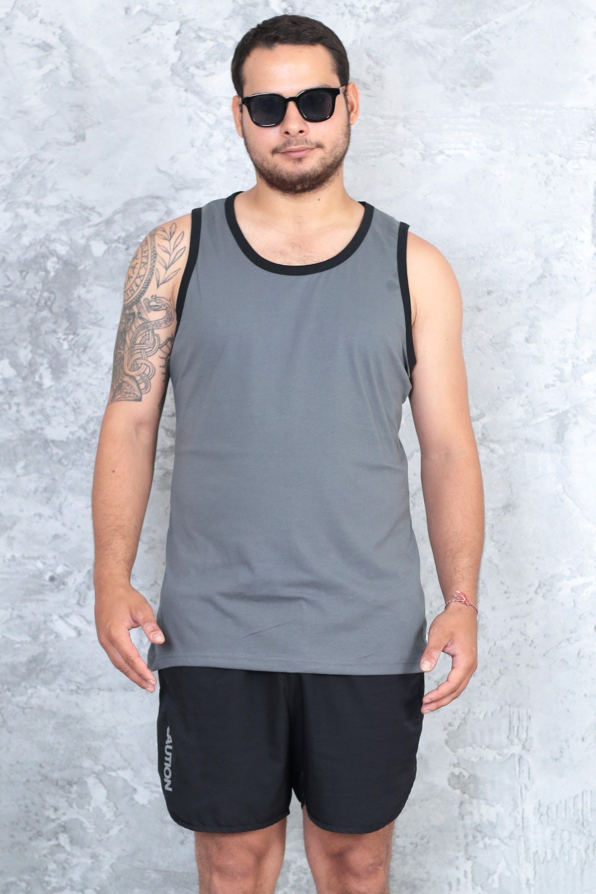Erkek füme gri %100 slim fit pamuk penye halter yaka sporcu atlet