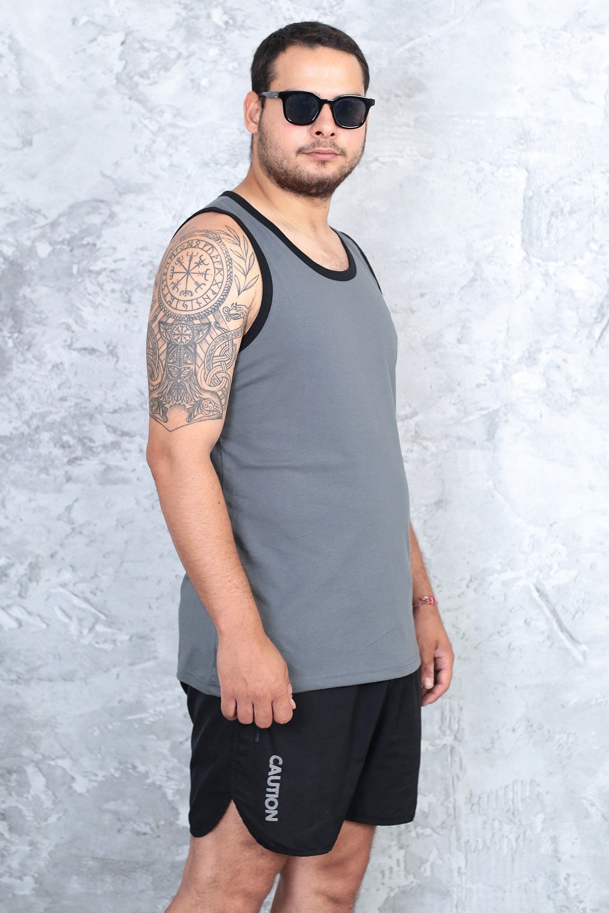 Erkek füme gri %100 slim fit pamuk penye halter yaka sporcu atlet