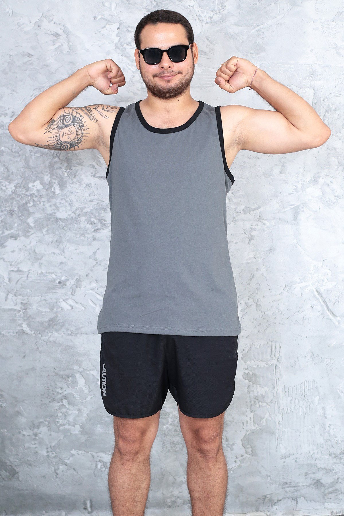 Erkek füme gri %100 slim fit pamuk penye halter yaka sporcu atlet