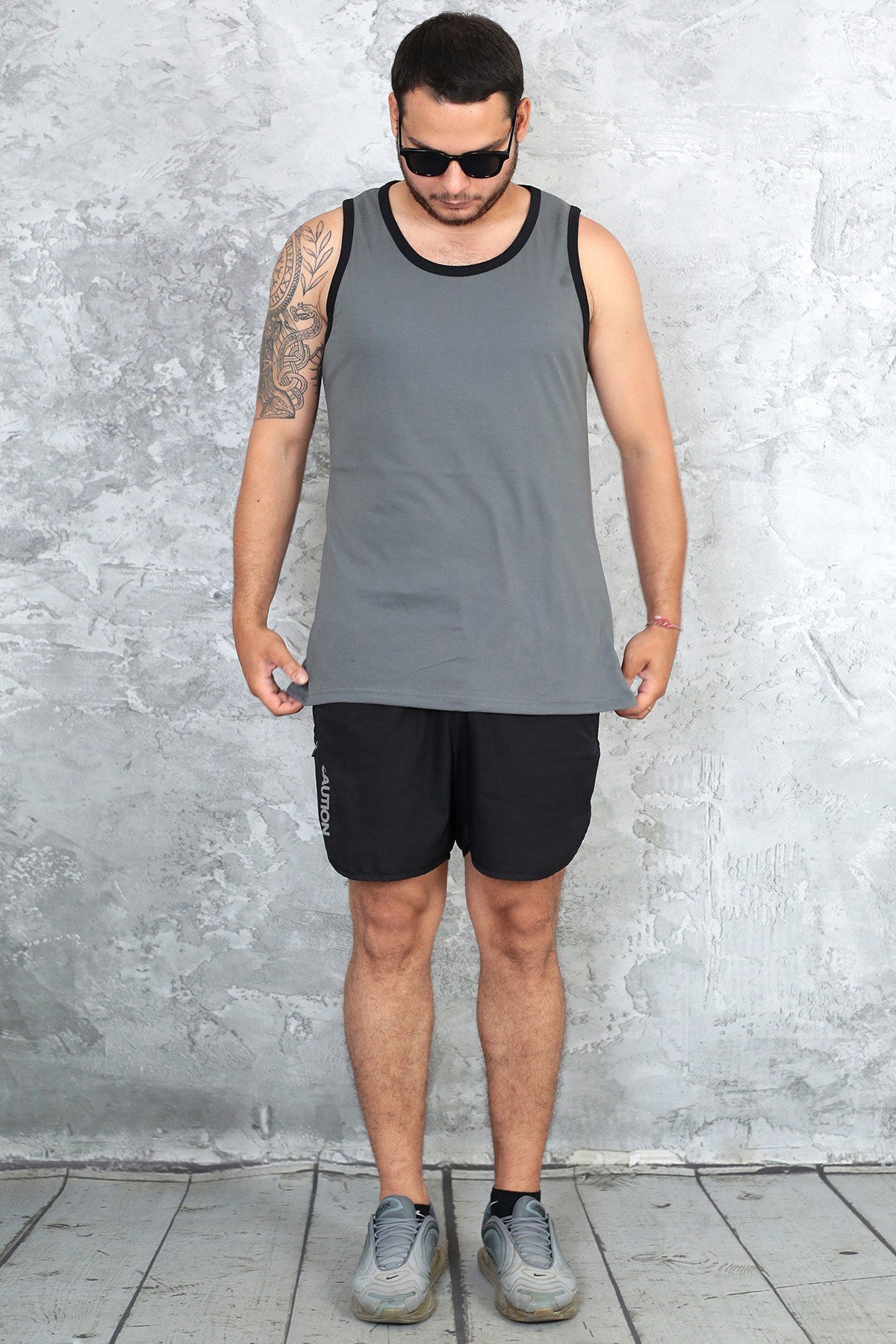 Erkek füme gri %100 slim fit pamuk penye halter yaka sporcu atlet