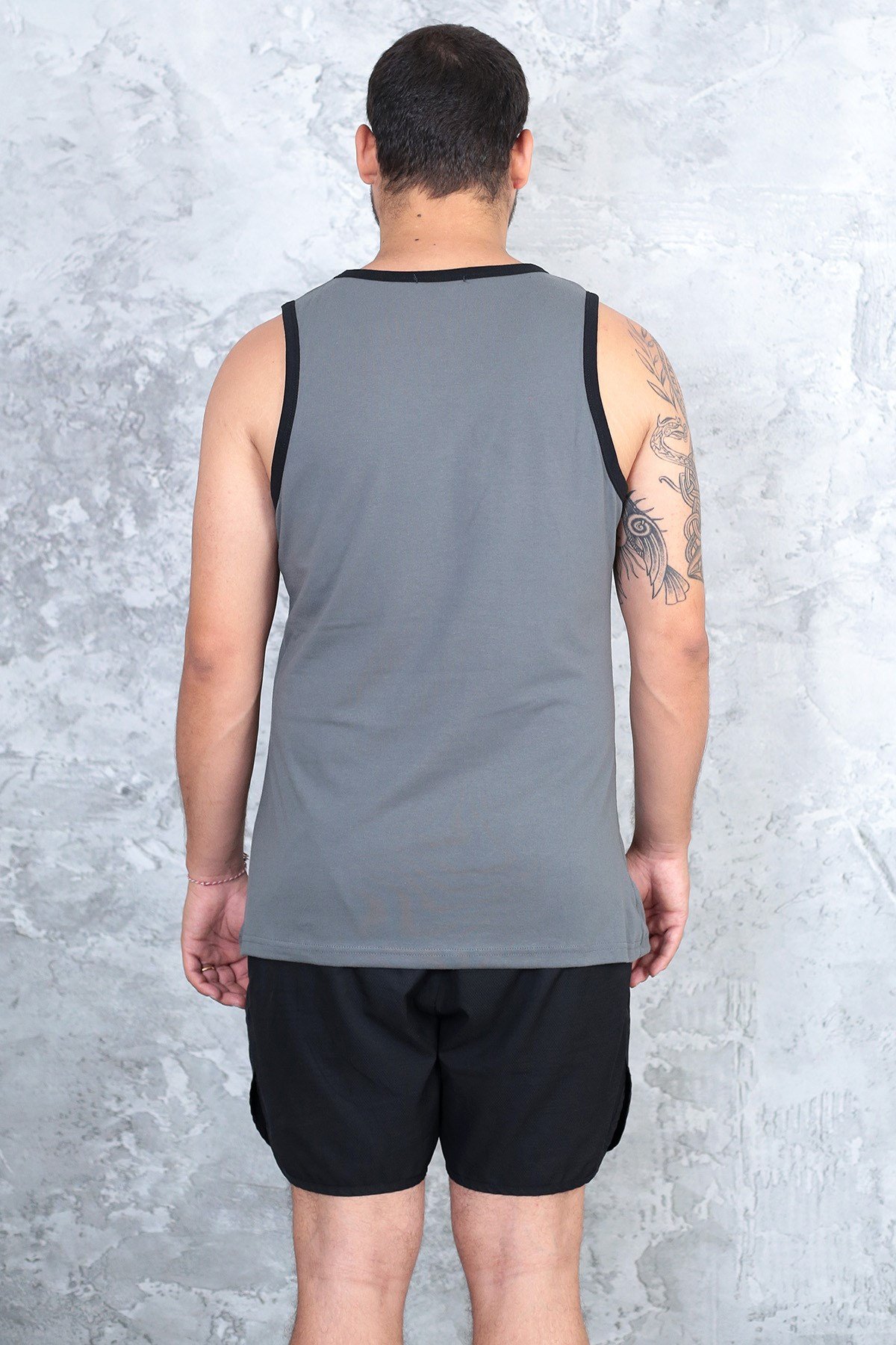 Erkek füme gri %100 slim fit pamuk penye halter yaka sporcu atlet