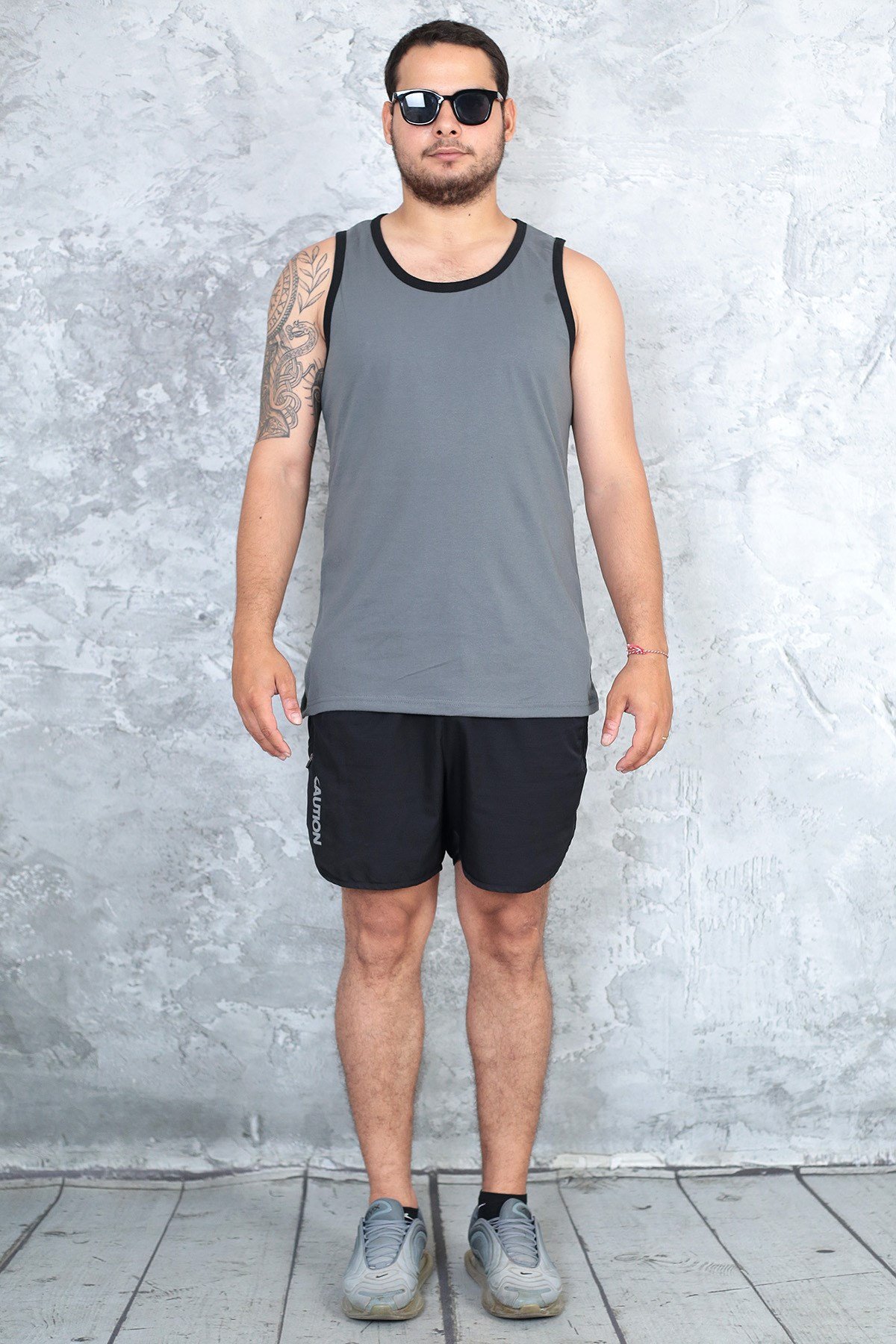 Erkek füme gri %100 slim fit pamuk penye halter yaka sporcu atlet