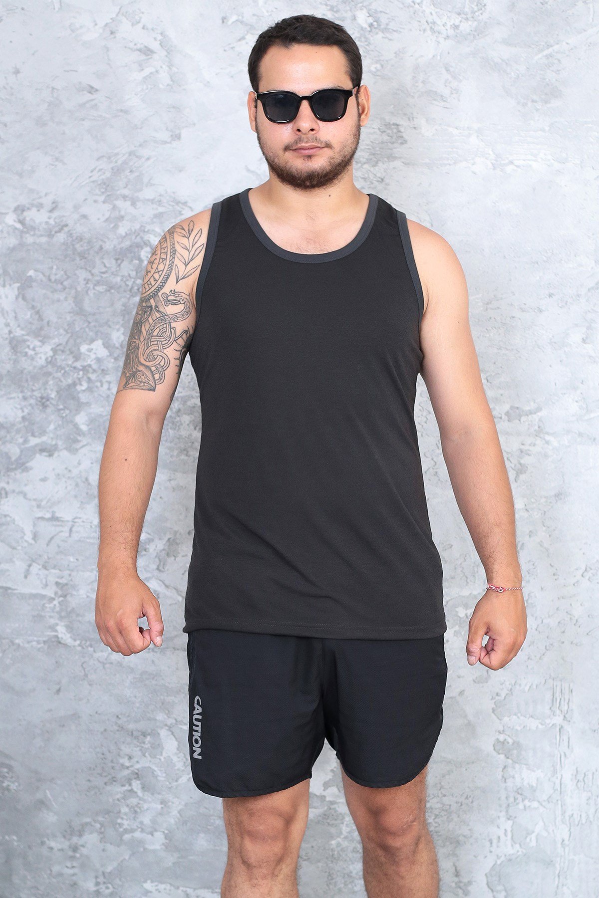 Erkek siyah %100 slim fit pamuk penye halter yaka sporcu atlet