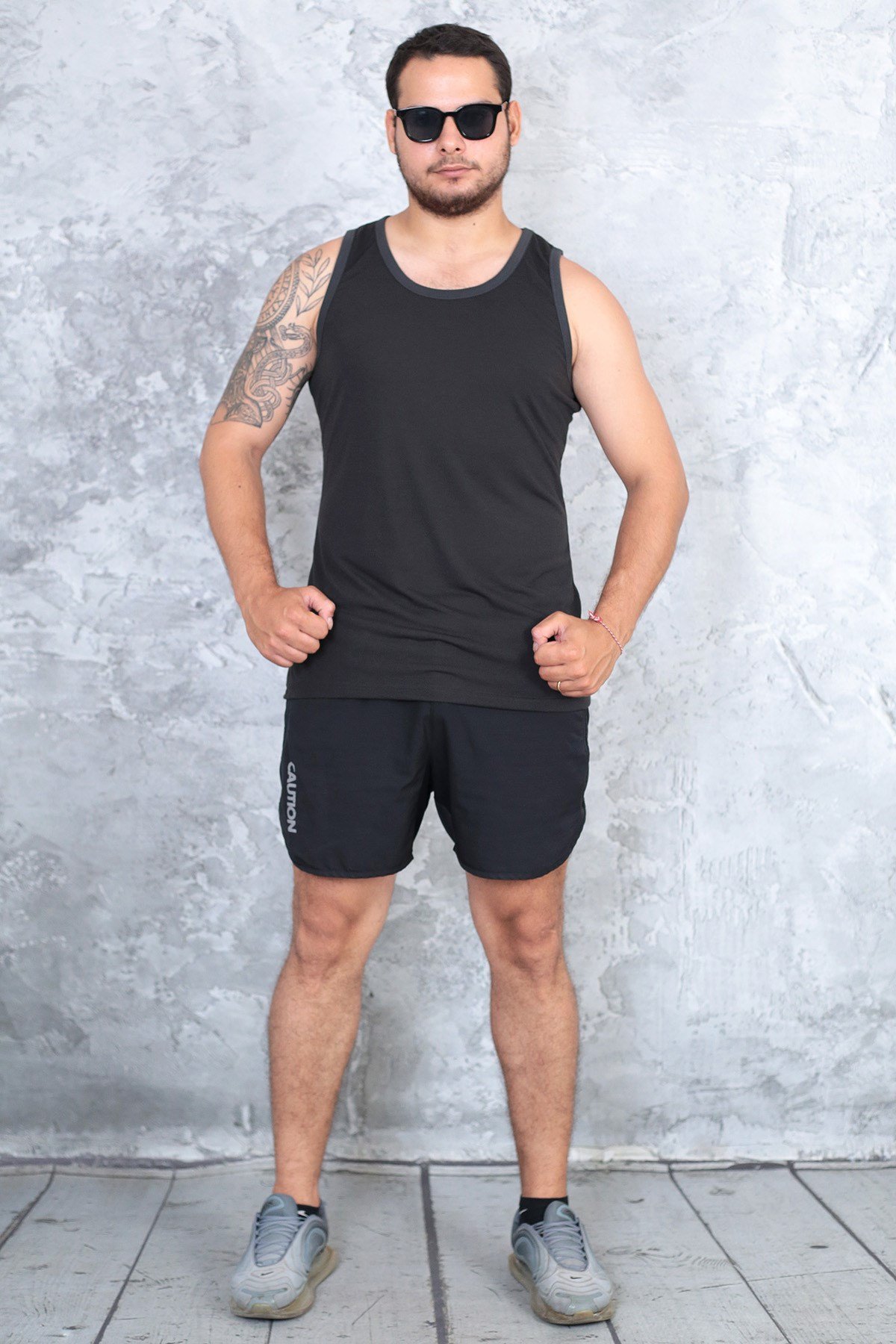 Erkek siyah %100 slim fit pamuk penye halter yaka sporcu atlet