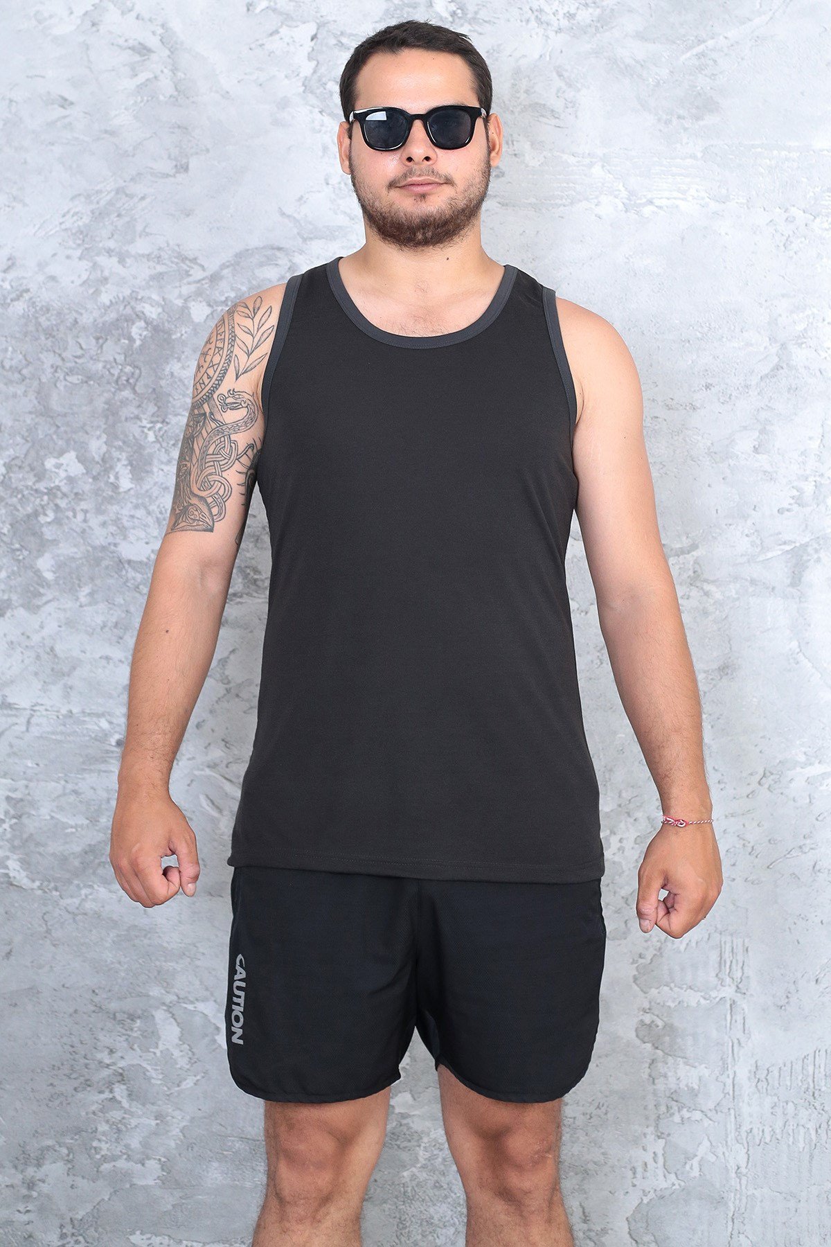 Erkek siyah %100 slim fit pamuk penye halter yaka sporcu atlet