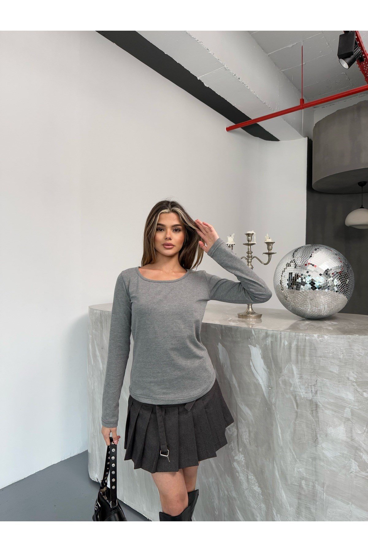 Gri Melanj Uzun Kollu Basic Body Crop