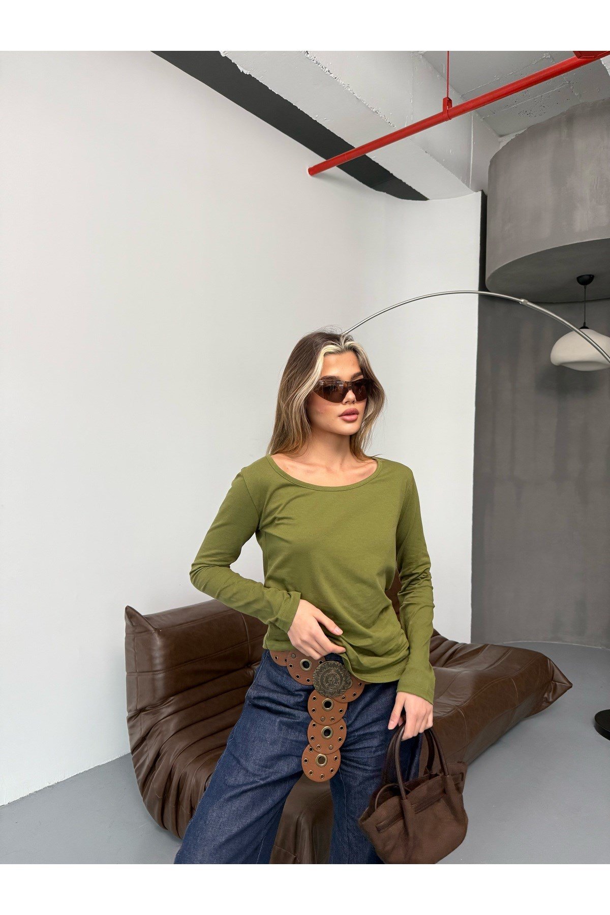 Haki Uzun Kollu Basic Body Crop