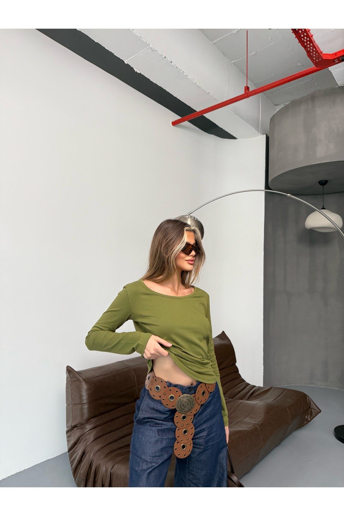 Haki Uzun Kollu Basic Body Crop