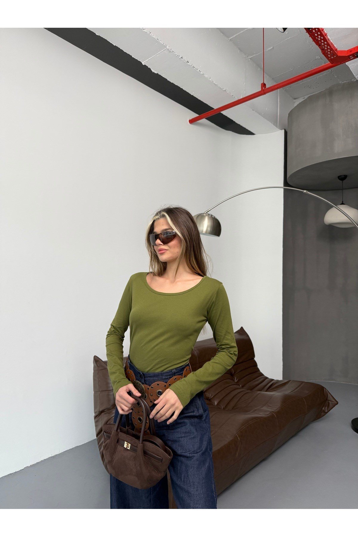 Haki Uzun Kollu Basic Body Crop
