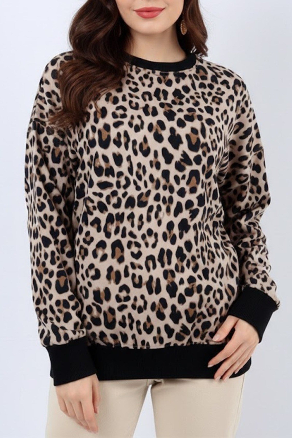 Kadın Leopar Baskılı Kalın Sweatshirt