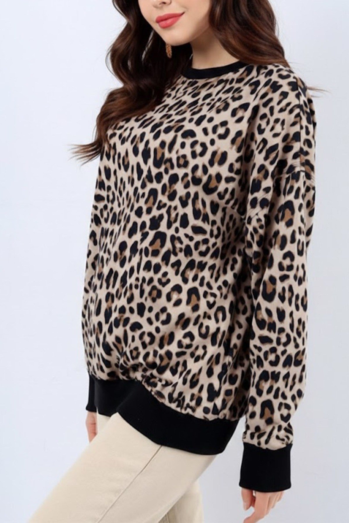 Kadın Leopar Baskılı Kalın Sweatshirt