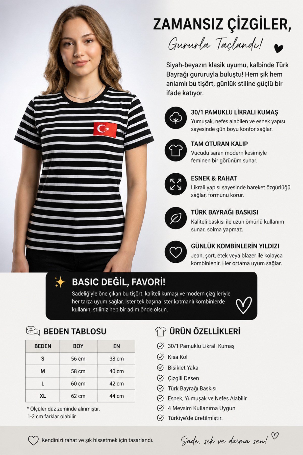 Kadın Slim Fit Dar Kesim Türk Bayrağı Baskılı Siyah Beyaz Çizgili Kısa Kollu Tişört