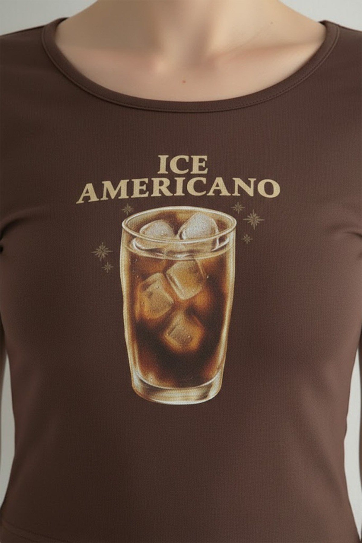Kahverengi Ice Americano Kahve Baskılı Kısa Kollu Crop