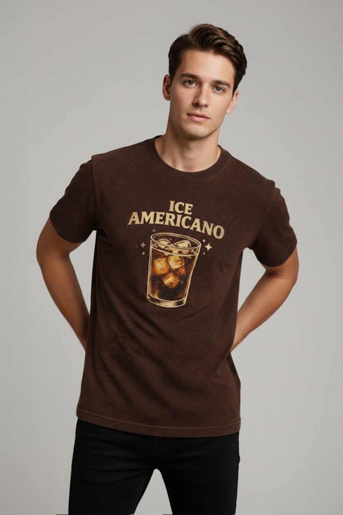 Kahverengi Ice Americano Kahve Baskılı Unisex Tişört