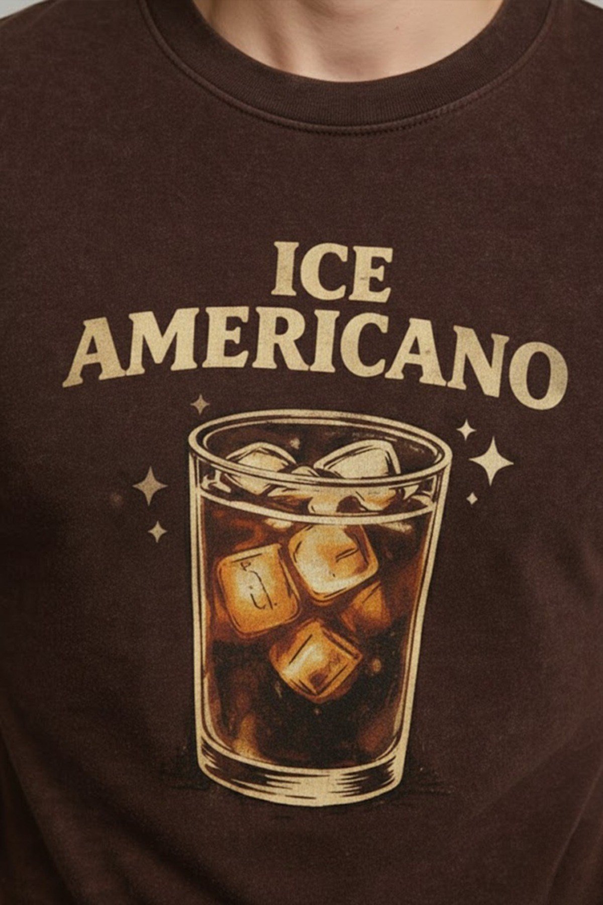Kahverengi Ice Americano Kahve Baskılı Unisex Tişört