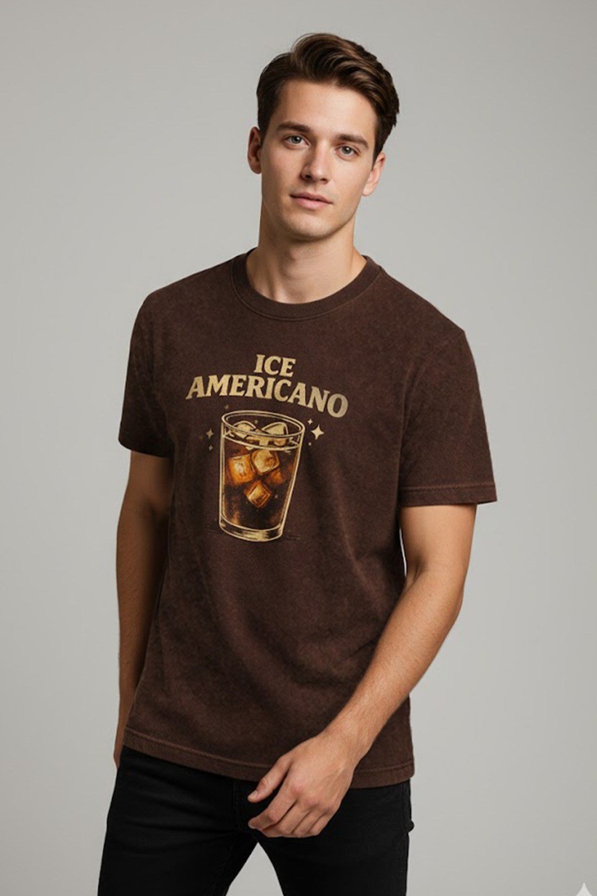 Kahverengi Ice Americano Kahve Baskılı Unisex Tişört
