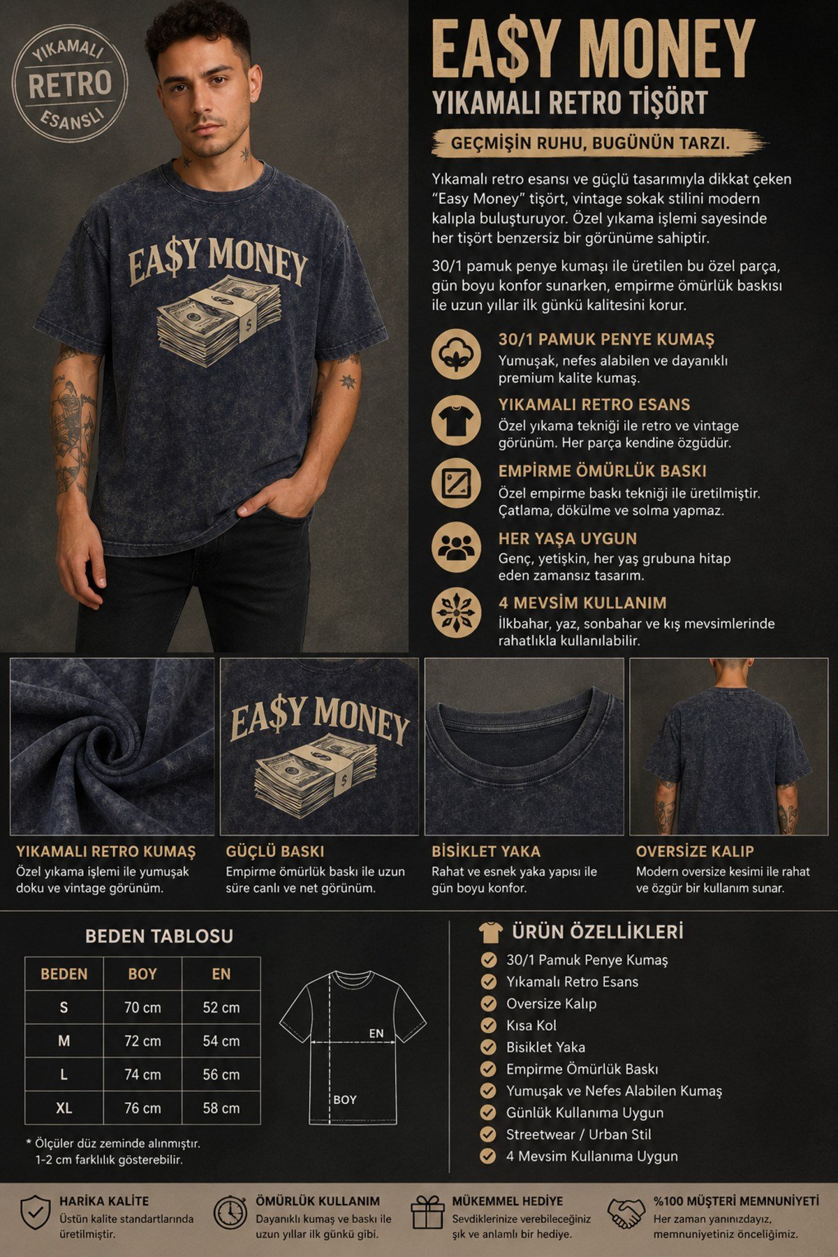 Lacivert Yıkamalı Retro Erkek Easy Money Baskılı Tişört