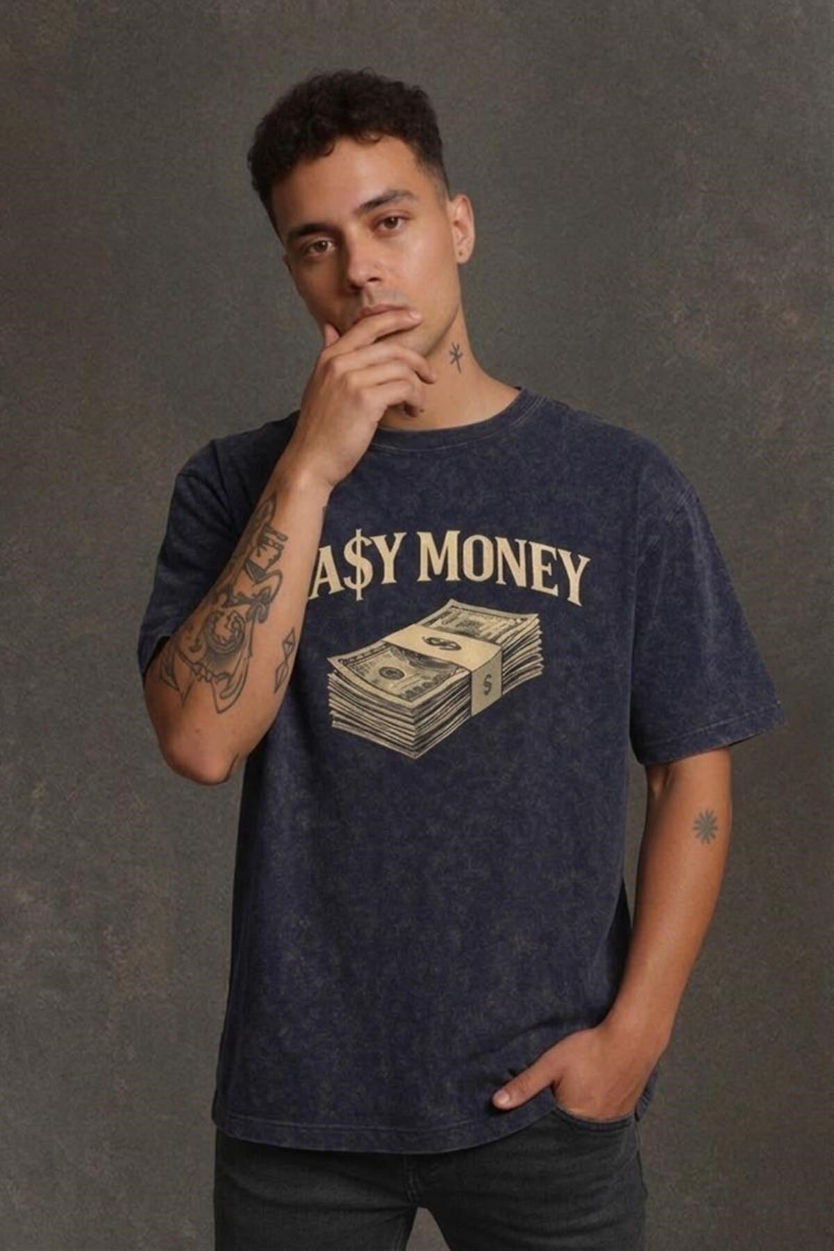 Lacivert Yıkamalı Retro Erkek Easy Money Baskılı Tişört