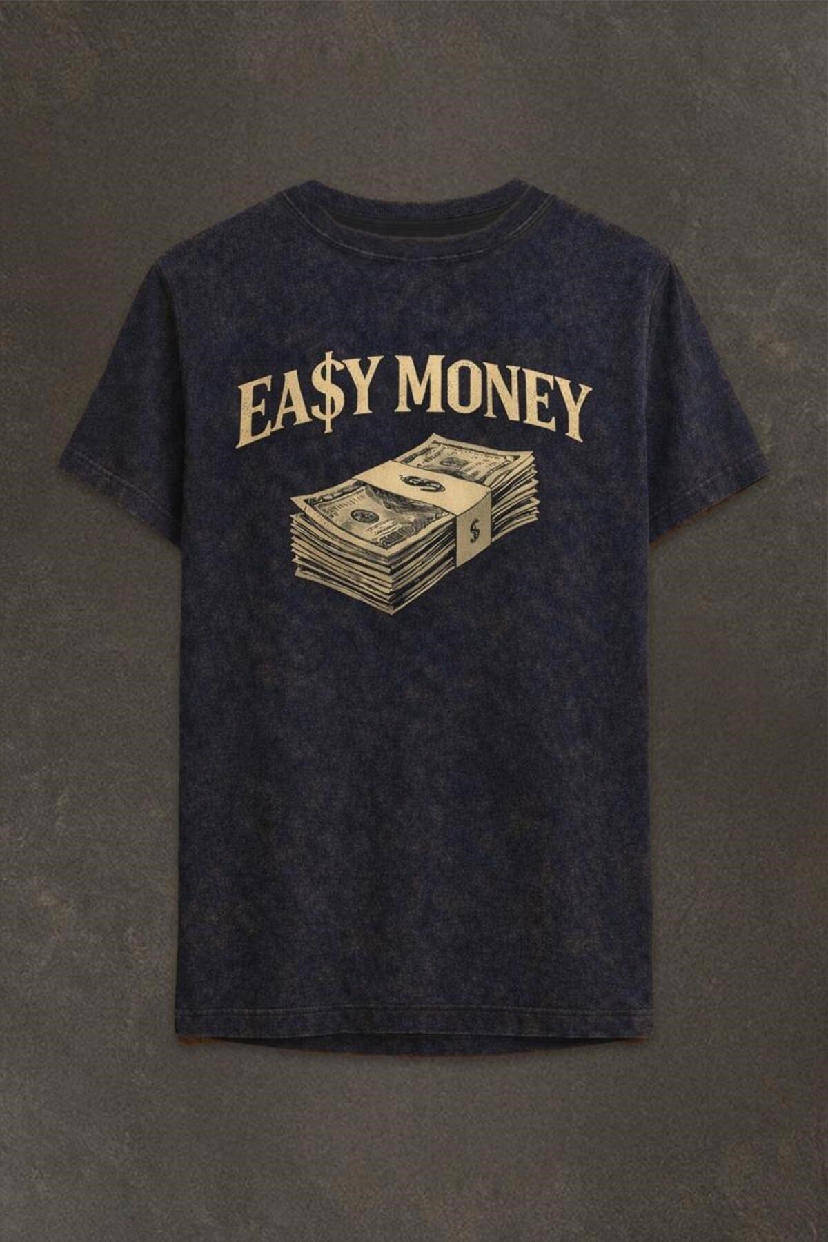 Lacivert Yıkamalı Retro Erkek Easy Money Baskılı Tişört