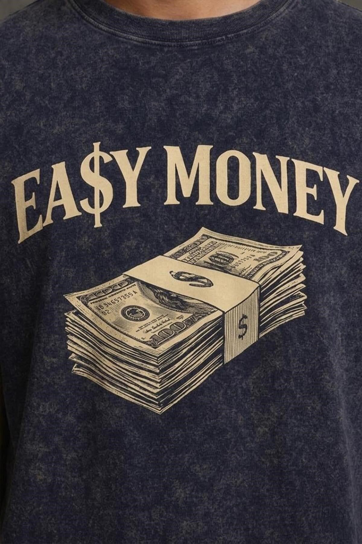 Lacivert Yıkamalı Retro Erkek Easy Money Baskılı Tişört