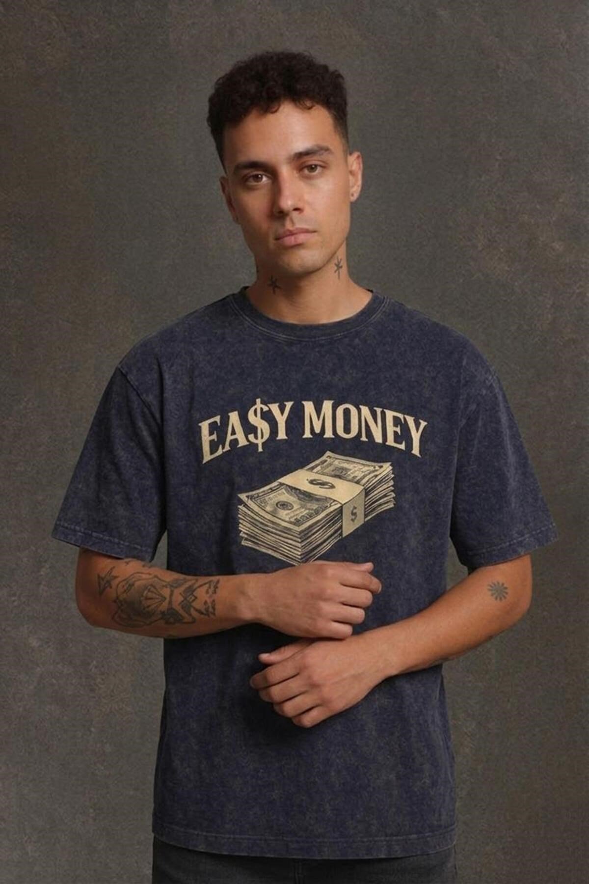 Lacivert Yıkamalı Retro Erkek Easy Money Baskılı Tişört