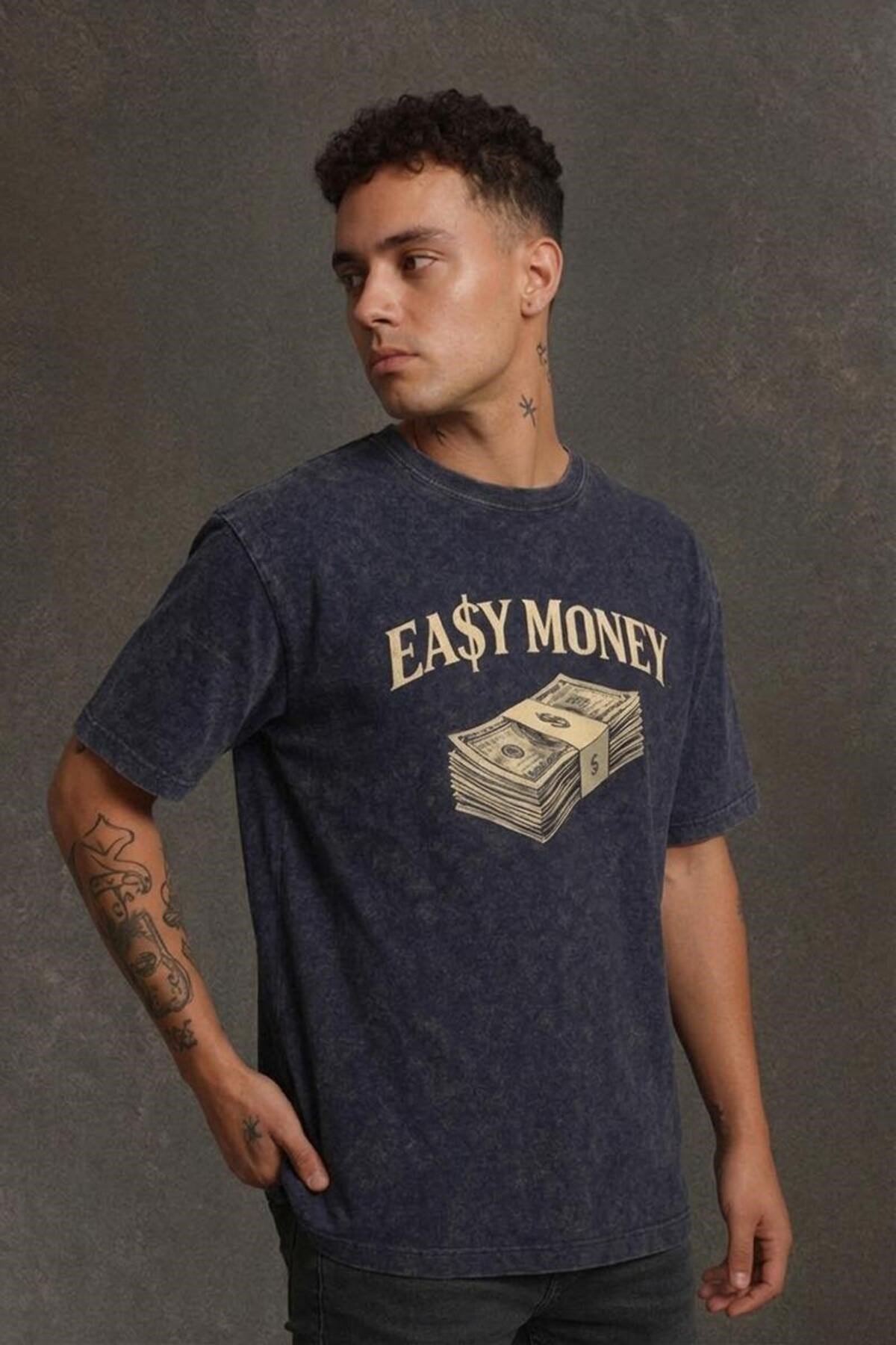 Lacivert Yıkamalı Retro Erkek Easy Money Baskılı Tişört