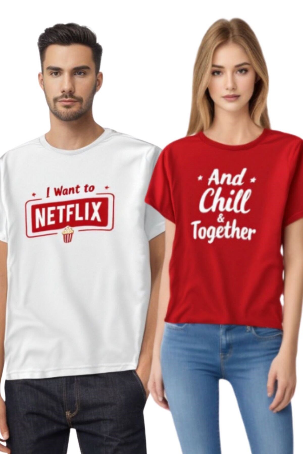 Netflix And Chill Baskılı Sevgili Çift Kombini Regular 2'li Takım T-shirt
