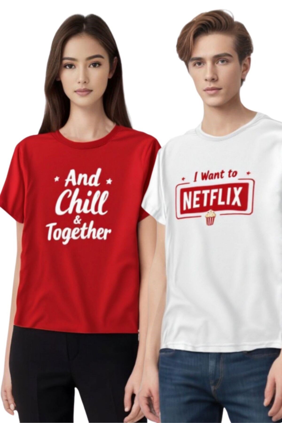 Netflix And Chill Baskılı Sevgili Çift Kombini Regular 2'li Takım T-shirt