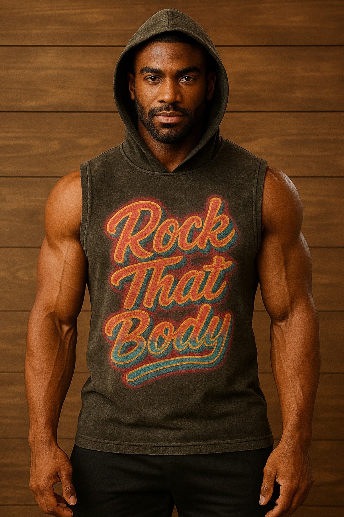 Siyah Erkek Kapüşonlu Antrenman Sporcu Atleti Oversize Yıkamalı RockThatBody Baskılı Kolsuz T-Shirt